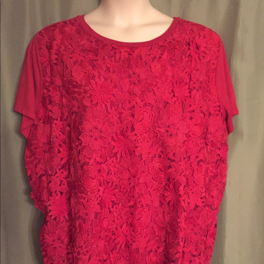 Red romans lace over cotton top size 3x.